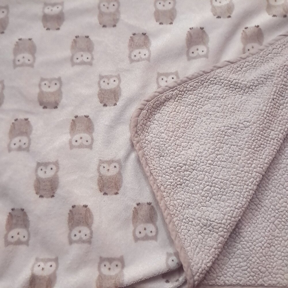 Carter's Owl Baby Blanket Security Lovey Sherpa Brown Gray Tan‎ brown Cream READ